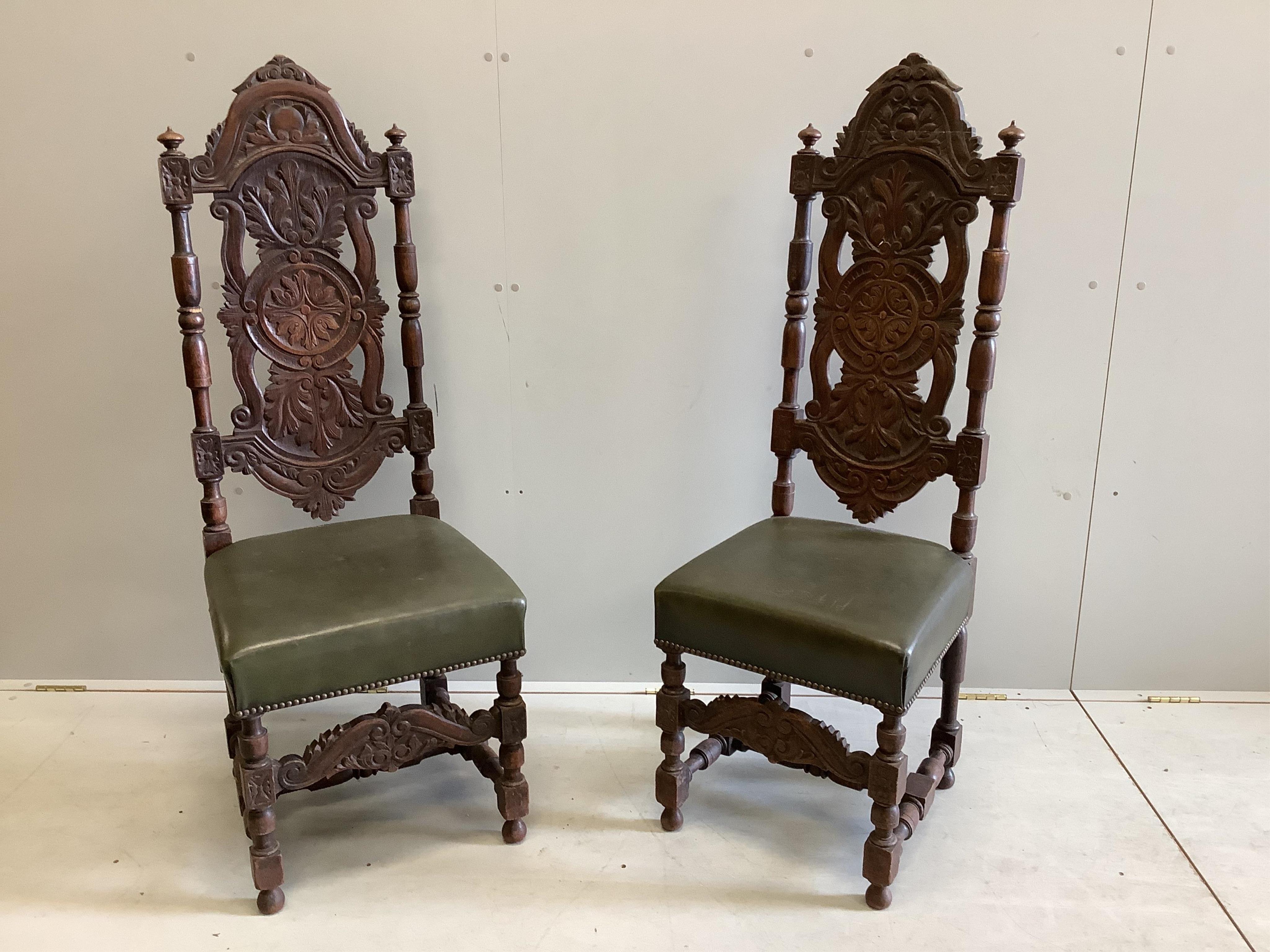 Two pairs of Carolean style chairs, larger height 132cm. Condition - fair